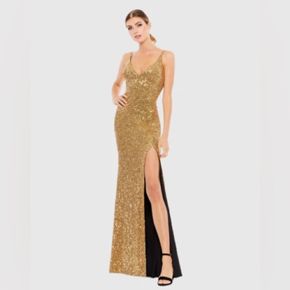 NWT MacDuggal Embellished Metallic High Slit Gown NEW in Gold Sequins - Picture 3 of 13